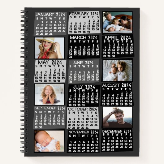 2024 Maandelijkse kalender Zwart Mod 12 Fotocollag Notitieboek (Voorkant)