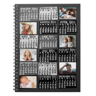 2024 Maandelijkse kalender Zwart Mod 6 Fotocollage Notitieboek