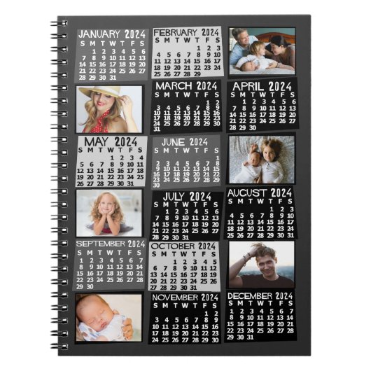 2024 Maandelijkse kalender Zwart Mod 6 Fotocollage Notitieboek (Voorkant)