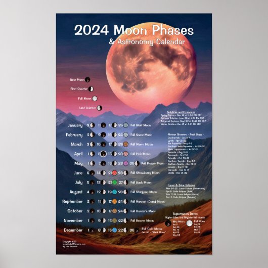 2024 Maanfasen Astronomiekalender Poster (Voorkant)