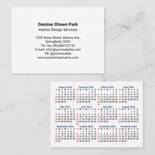 2024 Mini Kalender Zondag Start San Serif Letterty Visitekaartje (Voorkant / Achterkant)