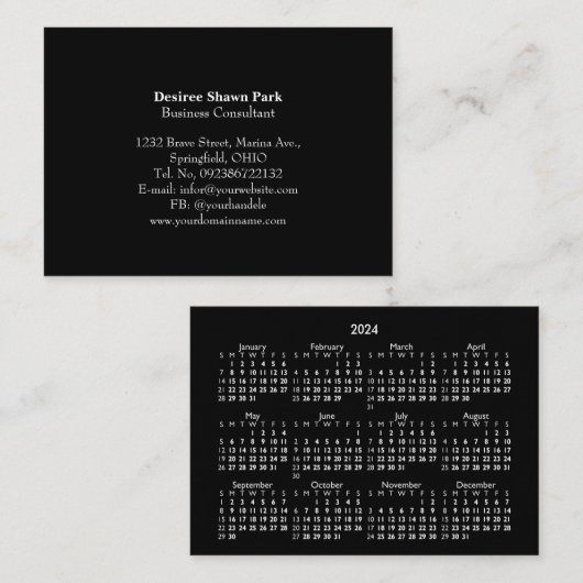 2024 Mini POCKET Kalender Zondag Start Zwart Visitekaartje (Voorkant / Achterkant)