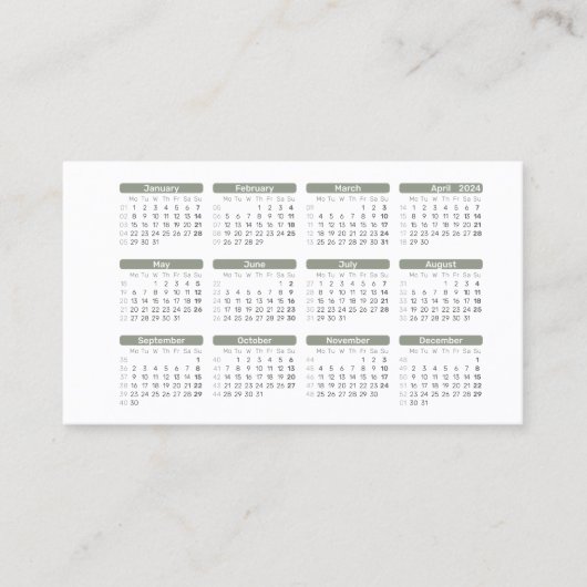 2024 Minimalistische Dusky Green Pocket Kalender | Visitekaartje (Voorkant)