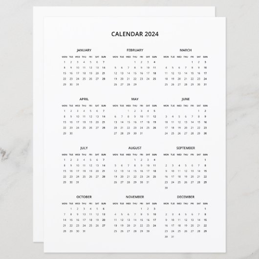 2024 Moderne minimalistische printbare kalender in (Voorkant / Achterkant)
