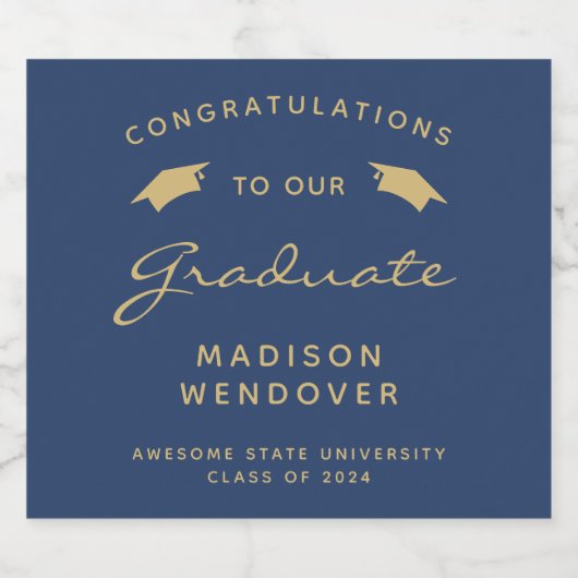 2024 Navy Blue Gold Script Pet Afstuderen Sparkling Wijnetiket (Enkel label)