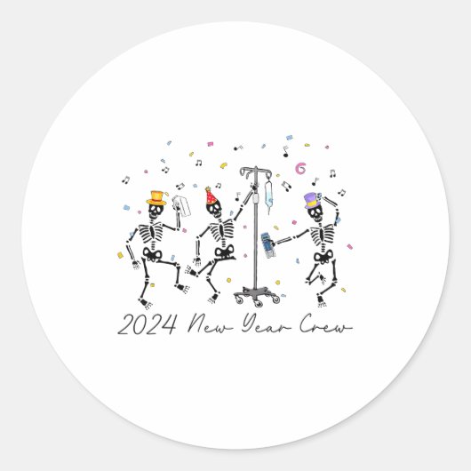 2024 New Year Crew Skeleton Dancing Funny Nurse Ic Ronde Sticker (Voorkant)