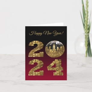 2024 Nieuwe Jaren Eve-Gold & Red- Feestdagen Kaart