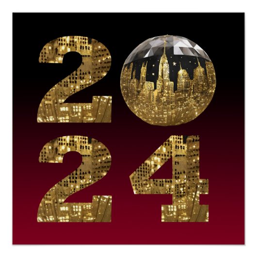 2024 Nieuwjaar-Ball-NYC Gold & Red- Perfect Poster (Voorkant)