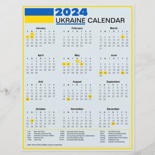 2024 Oekraïense kalender met Oekraïense Feestdagen (Voorkant)