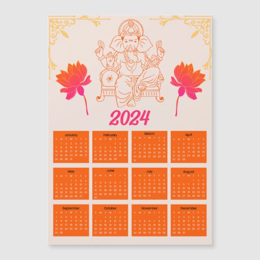 2024 Oranje Kalender - Lord Ganpati Magnetische Ka (Voorkant)