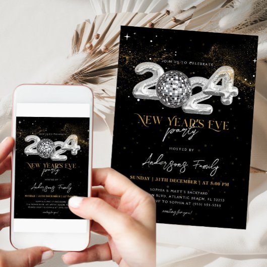 2024 Oudejaarsavond Gold Glitter Disco Ball Kaart