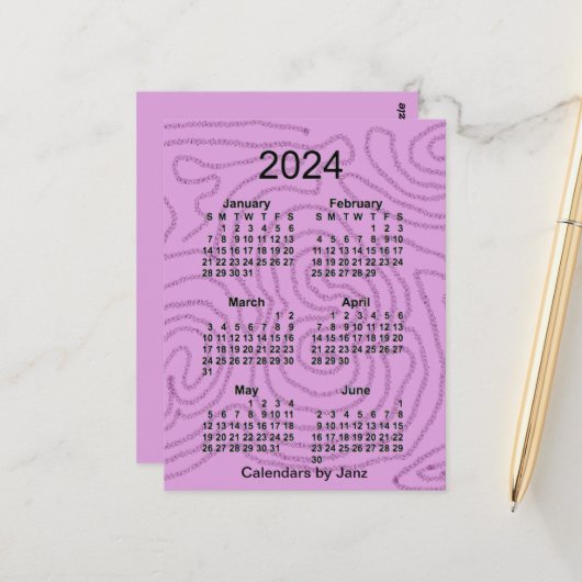 2024 Paarse Doolhof 6 Maand Mini Kalender door Jan Briefkaart (Voorkant / Achterkant in situ)