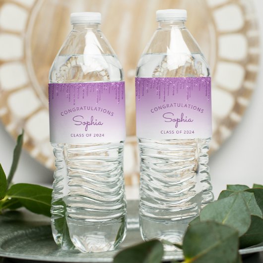 2024 Paarse Glitter Drip Graduation Party Waterfles Etiket