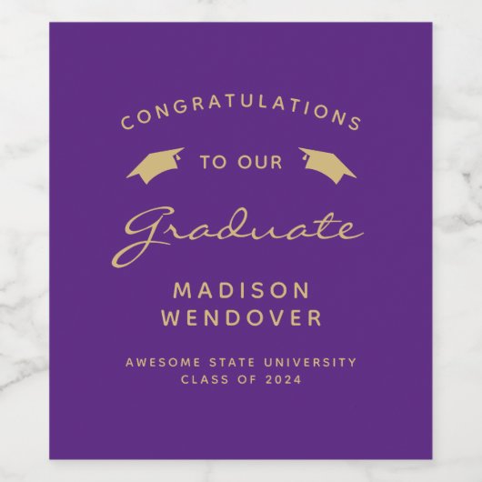 2024 Paarse gouden Script Pet Afstuderen Wijn Etiket (Enkel label)