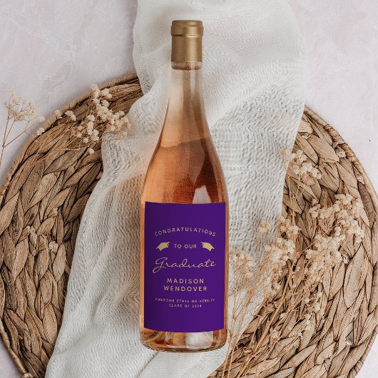 2024 Paarse gouden Script Pet Afstuderen Wijn Etiket