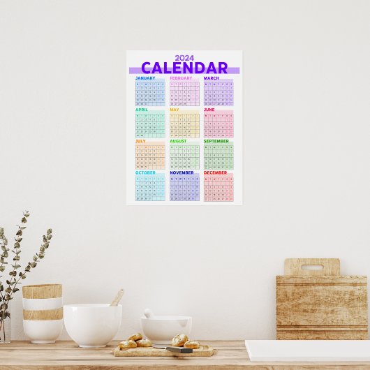 2024 Regenboog Kleurrijke Volle Jaar Maandelijkse  Poster (Keuken)