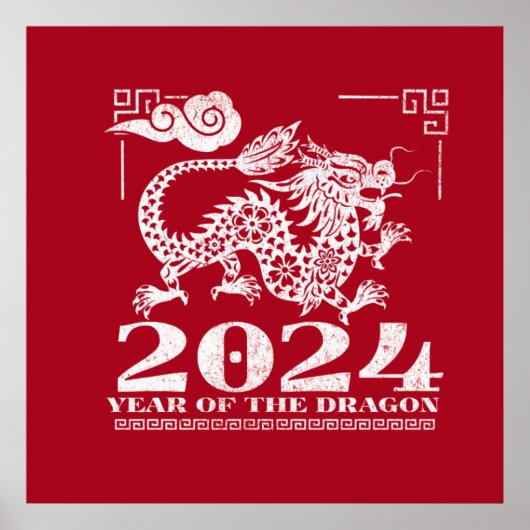 2024 Rode Chinese Zodiac Jaar van de Draak Poster (Voorkant)