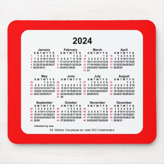 2024 Rood 52 weken ISO Agenda van Janz Two Tone Muismat (Voorkant)