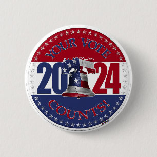 2024 Rood en Blauw Uw Stem Telt Liberty Bell Ronde Button 5,7 Cm