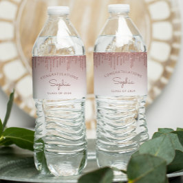 2024 Roos Gold Glitter Drip Graduation Party Waterfles Etiket
