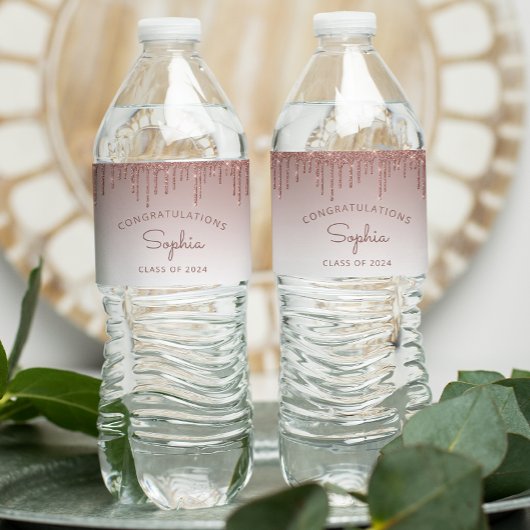 2024 Roos Gold Glitter Drip Graduation Party Waterfles Etiket