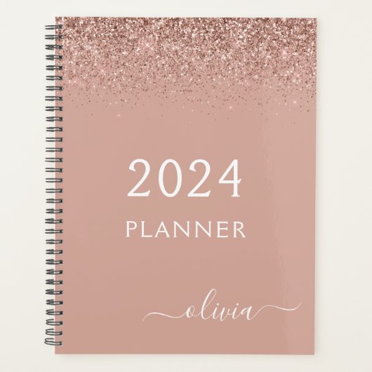 2024 Roze Goud Blush Roze Glitter Monogram Planner (Voorkant)