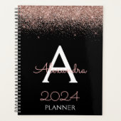 2024 Roze Goud - Blush Roze Zwart Glitter Monogram Planner (Voorkant)