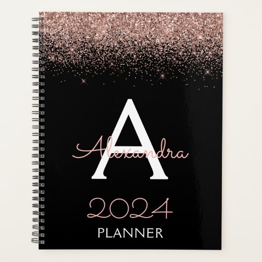 2024 Roze Goud - Blush Roze Zwart Glitter Monogram Planner (Voorkant)