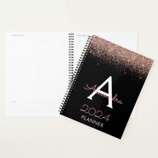 2024 Roze Goud - Roze Roze en Zwarte Glitter Monog Planner (Display)