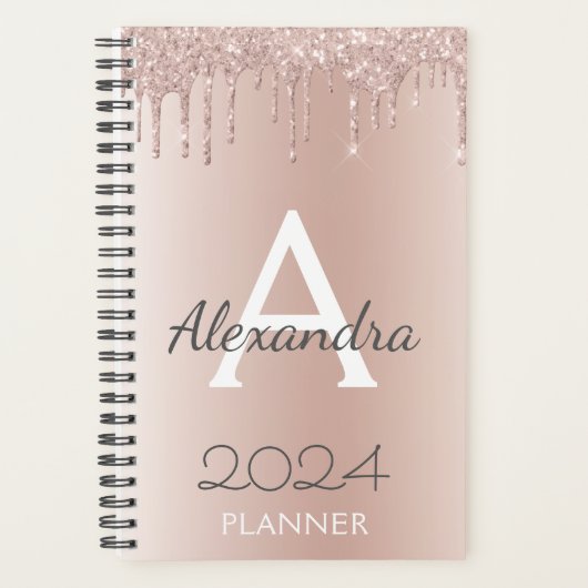 2024 Roze Goud - Roze Roze Meisjesachtige Glitter  Planner (Voorkant)