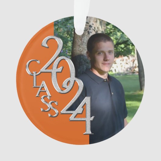 2024 Sinaasappel en Zilver Afstuderen Foto Ornament (voorkant)