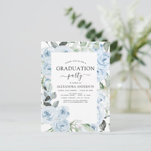 2024 Stoffig Blauw Afstuderen Bloemen Groen Invita Briefkaart (Staand voorkant)
