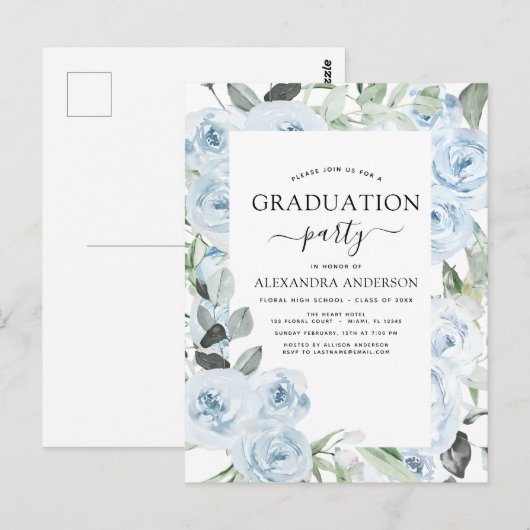 2024 Stoffig Blauw Afstuderen Bloemen Groen Invita Briefkaart (Voorkant / Achterkant)