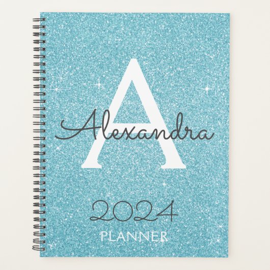 2024 Teal Aqua Blauwe Glitter Glans Monogram Planner (Voorkant)
