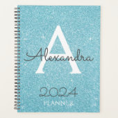 2024 Turquoise Aqua Blauwe Glitter Glans Monogram Planner (Voorkant)