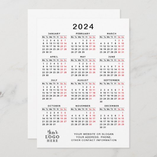 2024 Voljaar Kalender Wit Zwart Rood Minimaal Programmakaart (Voorkant / Achterkant)