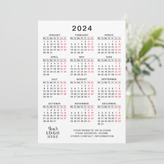 2024 Voljaar Kalender Wit Zwart Rood Minimaal Programmakaart (Staand voorkant)