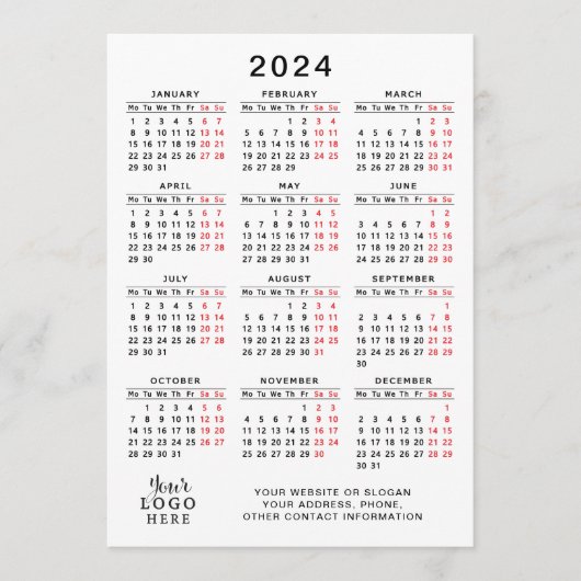 2024 Voljaar Kalender Wit Zwart Rood Minimaal Programmakaart (Voorkant)