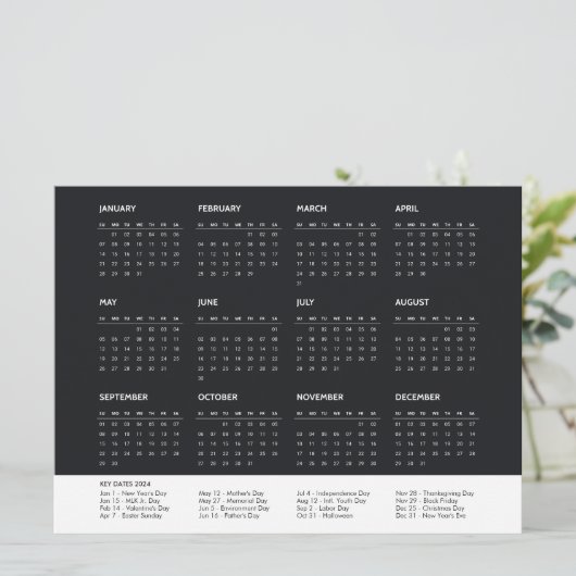 2024 Volledig Jaar in een oogopslag Feestdagen Kal Kaart (Staand voorkant)