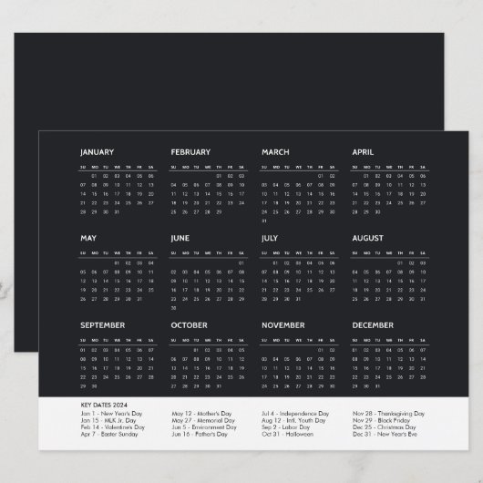 2024 Volledig Jaar in een oogopslag Feestdagen Kal Kaart (Voorkant / Achterkant)