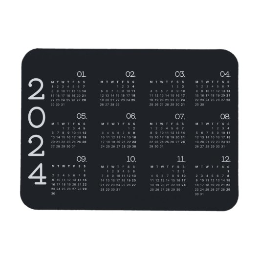 2024 volledige jaarkalender zwart en wit elegant magneet (Horizontaal)