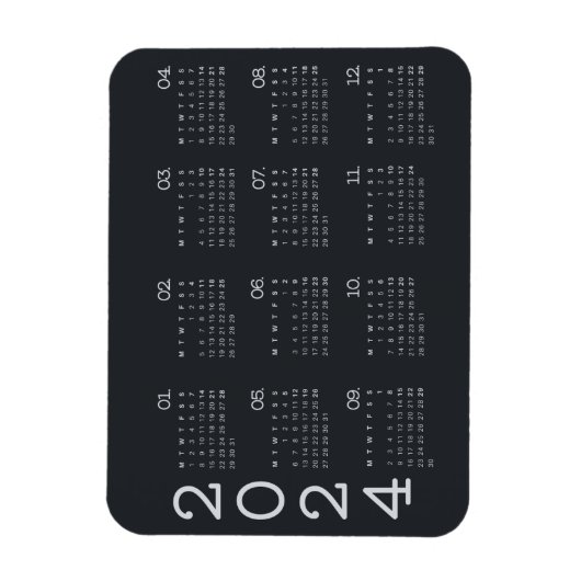 2024 volledige jaarkalender zwart en wit elegant magneet (Verticaal)