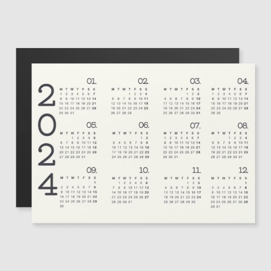 2024 volledige jaarkalender zwart en wit elegant magnetische uitnodiging (Voorkant / Achterkant)