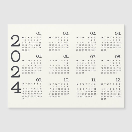 2024 volledige jaarkalender zwart en wit elegant magnetische uitnodiging (Voorkant)