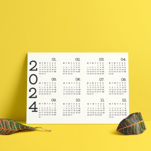 2024 volledige jaarkalender zwart en wit elegant magnetische uitnodiging