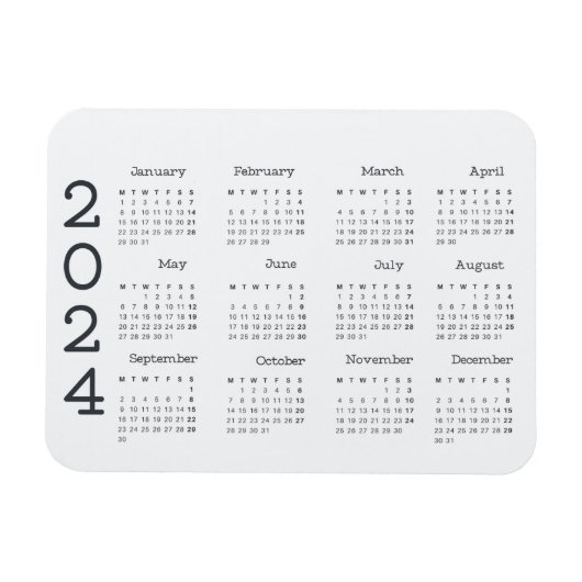 2024 volledige jaarkalender zwart-wit minimalistis magneet (Horizontaal)