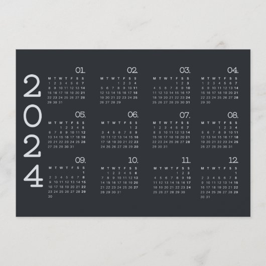2024 volledige jaarkalender zwart-wit minimalistis programmakaart (Voorkant)