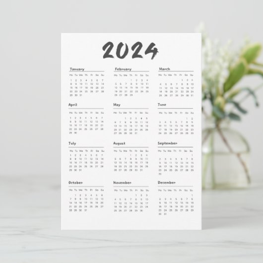 2024 volledige jaarkalender zwart-wit minimalistis programmakaart (Staand voorkant)