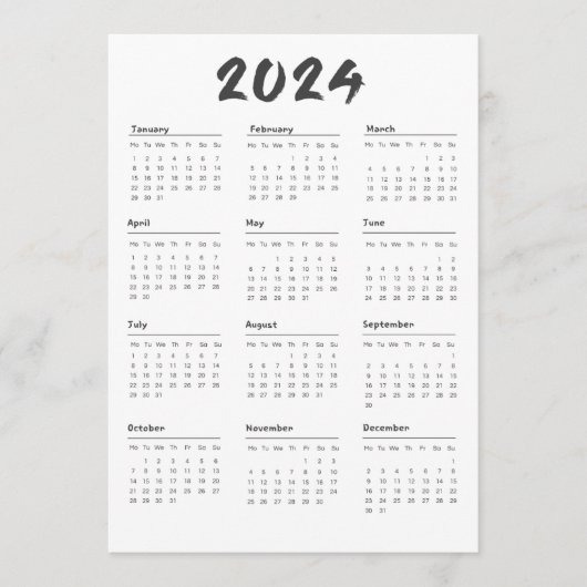 2024 volledige jaarkalender zwart-wit minimalistis programmakaart (Voorkant)
