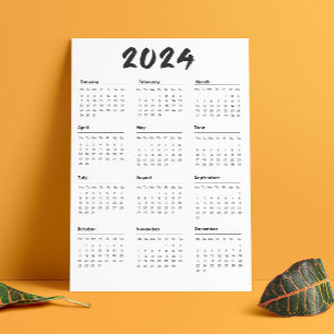 2024 volledige jaarkalender zwart-wit minimalistis programmakaart